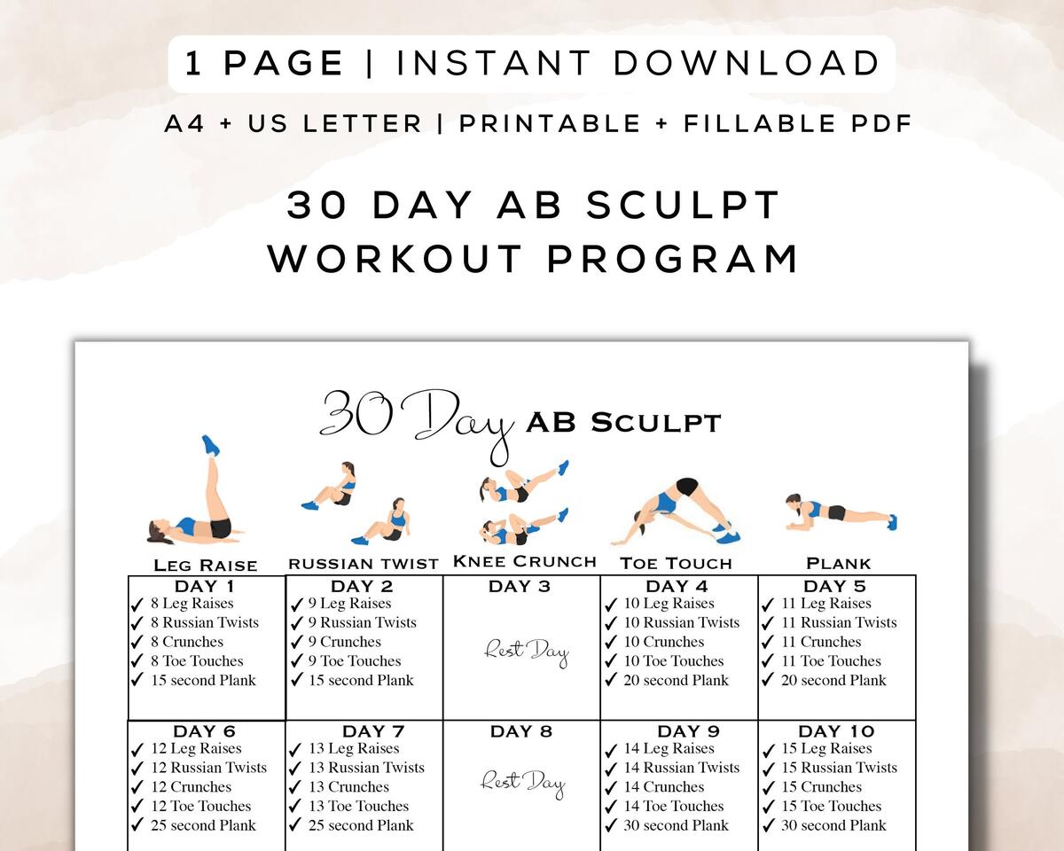30 Day Ab Sculpt Workout Program Printable Fillable PDF Easy To Follow Fitness Program Beginner Friendly Workout A4 US Letter Etsy Israel