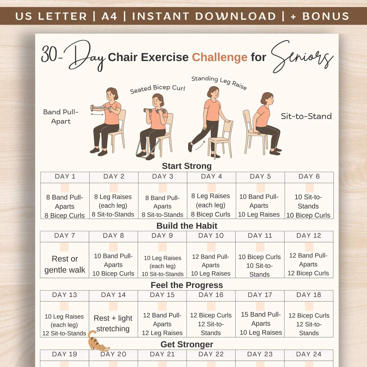 30 Day Chair Exercise Challenge For Seniors Chair Workout Printable Seated Workout Plan Low Impact Fitness For Elderly And Beginners Etsy