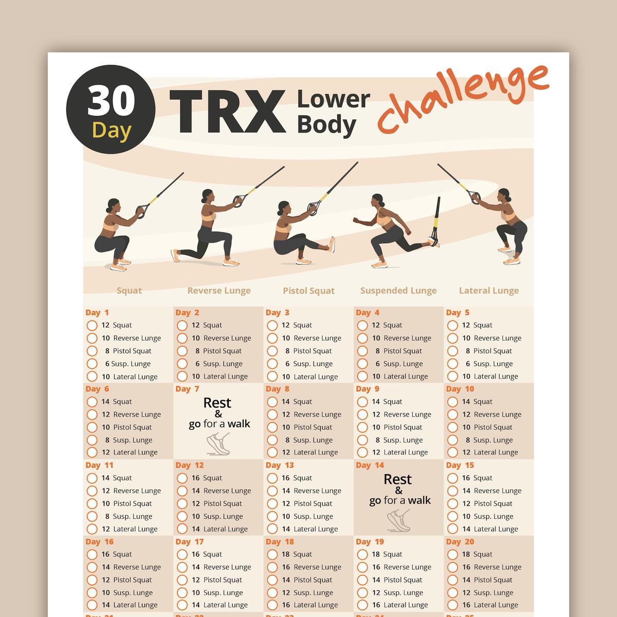 30 Day TRX Lower Body Workout Challenge Printable Home Fitness Guide For Women Etsy