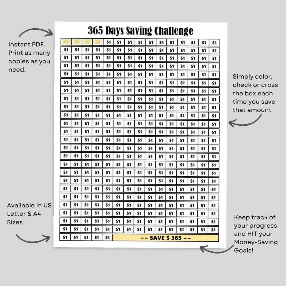 365 Days Savings Challenge Printable Savings Tracker 1 Dollar Daily Saving Challenge 1 Year Money Saving 365 Days Save Money Challenge Etsy