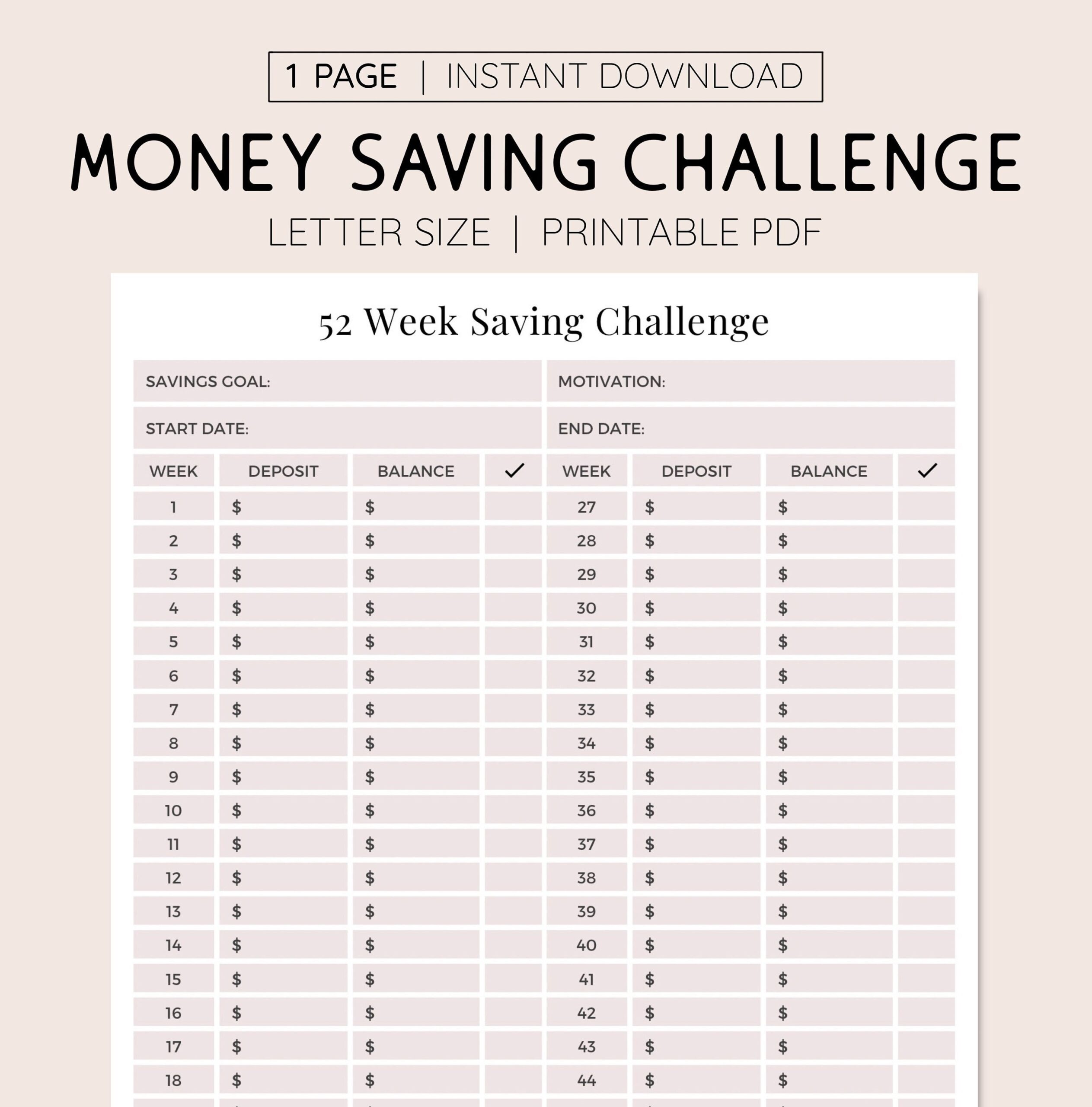 Printable And Digital 52 Week Savings Get PDF For ReMarkable Kindle Supernote Boox