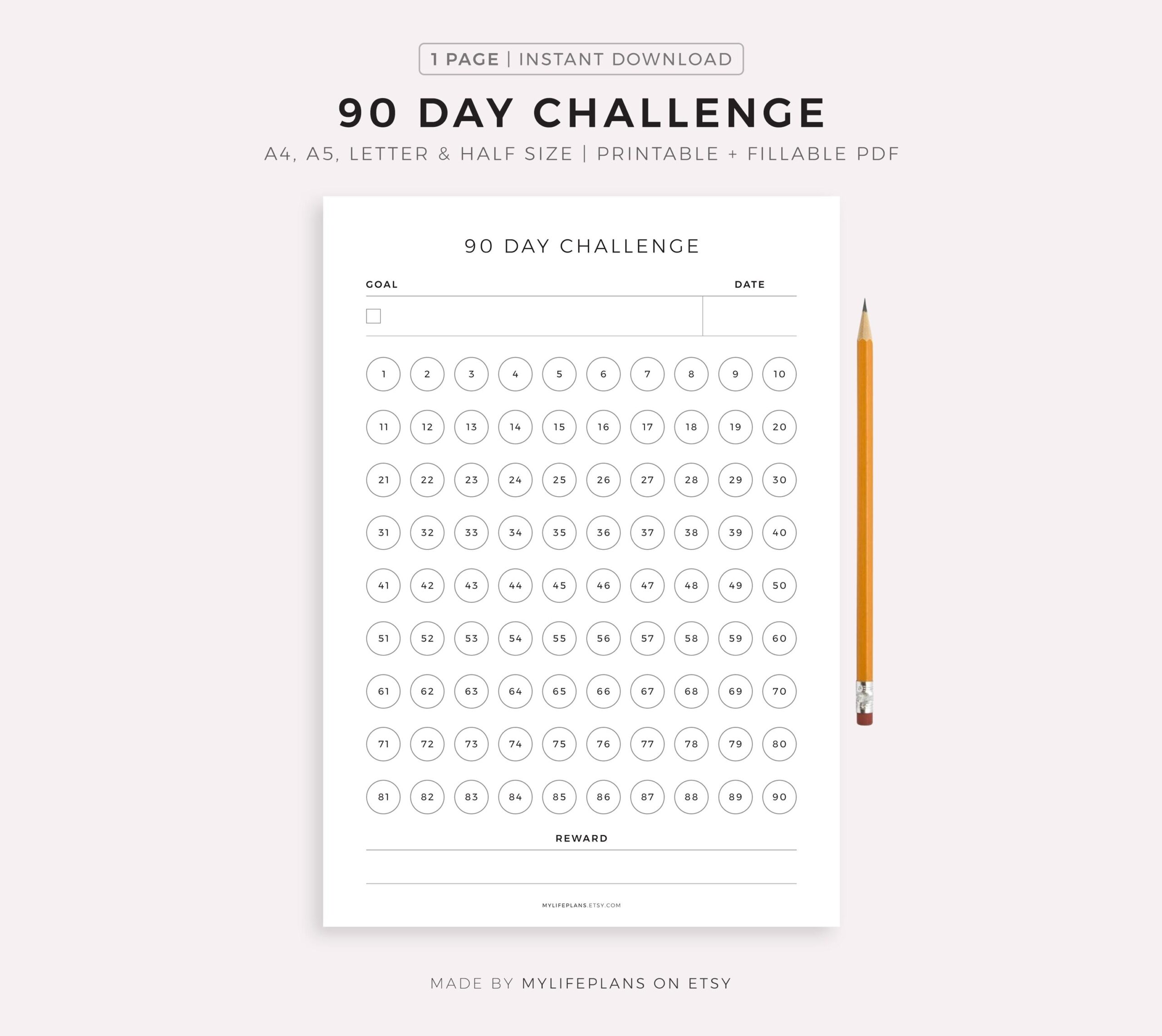 90 Day Challenge Goal Setting Progress Tracker Habit Forming A4 A5 Letter Half Printable Fillable PDF Horizontal Instant Download Etsy