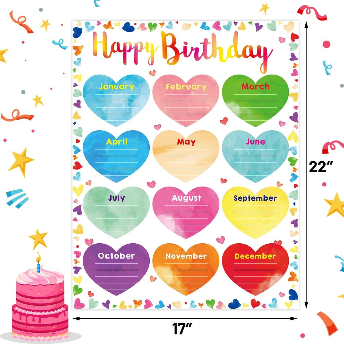 Amazon Fancy Land Happy Birthday Chart Poster Watercolor Birthday Poster For Classroom Back To School Bulletin Board Decoration Supplies 17 X 22 Inches Office Products
