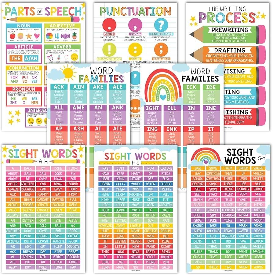 Amazon Hadley Designs 8 Colorful 100 Sight Words Poster For Classroom Word Wall Elementary First Grade Sight Words Chart Word Family Posters For Elementary School Posters For Classroom Office Products