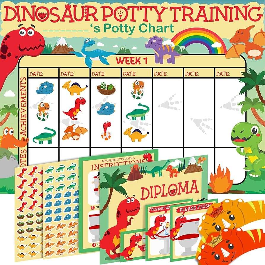 Amazon Potty Training Chart For Toddlers Dinosaur Design Reward Chart 194 Cool Stickers 2 Fun Crowns Motivational Certificate Bonus Instruction Cards Booklet Erasable Pen For Boys And Girls Baby