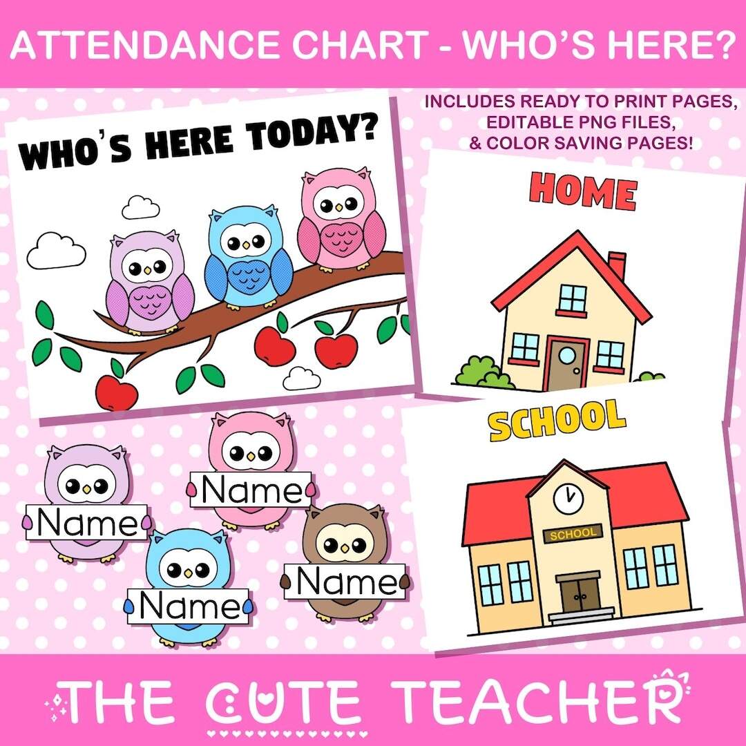 Attendance Chart Who S Here Today Editable Owl Preschool Kindergarten Display Etsy Canada