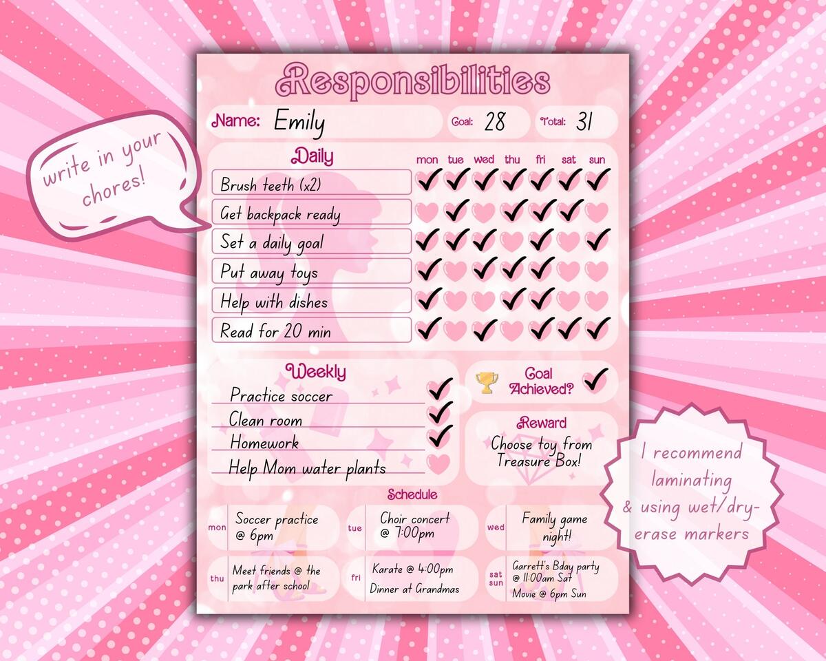 Barbie Inspired Printable Chore Chart Kids Responsibility Tracker PDF Etsy
