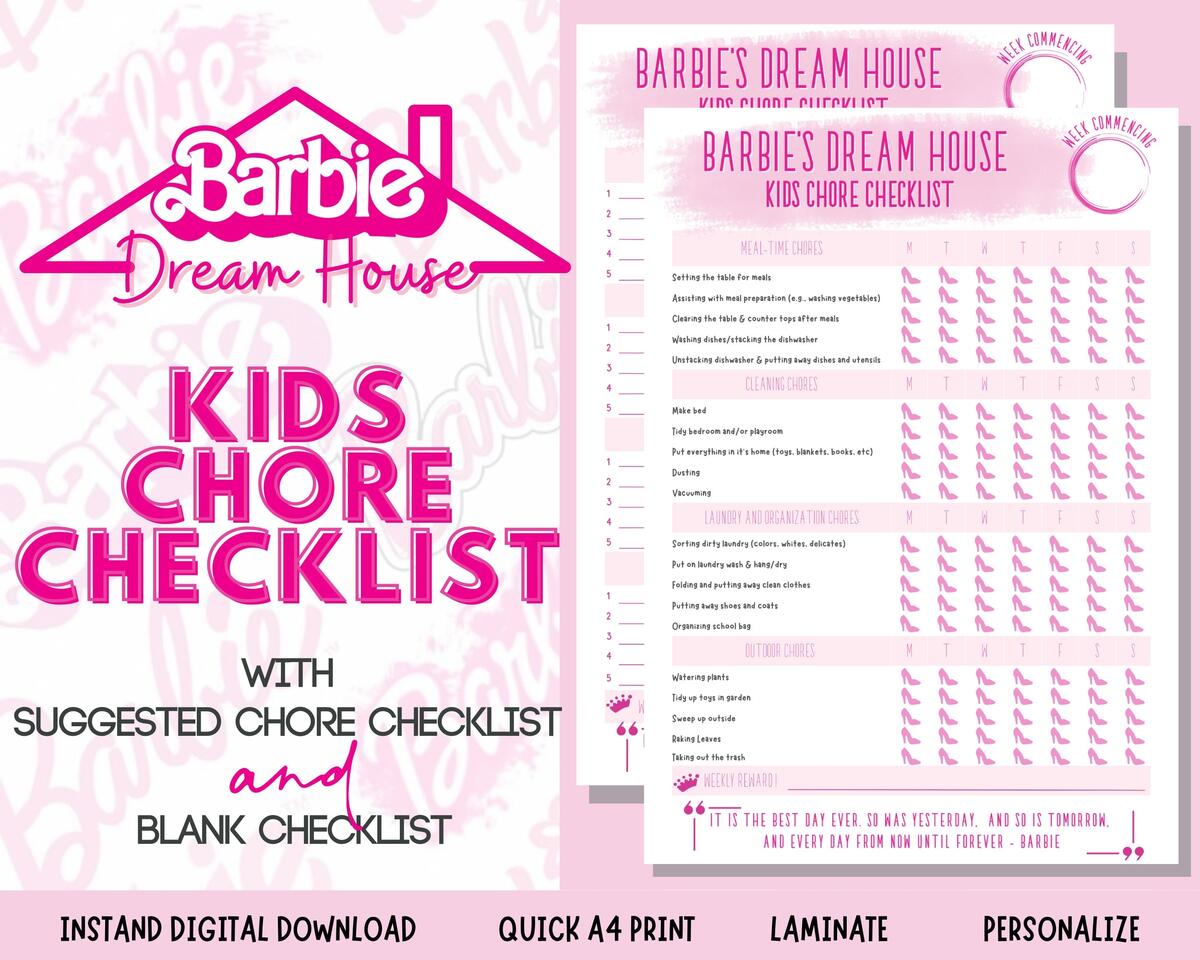 Barbie S Dream House Weekly Chore Chart Printable For Elementary Kids Responsibility Chart US Letter Size Instant Digital Download Etsy