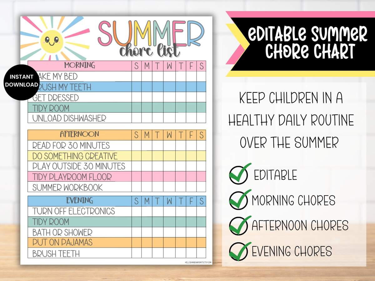 Buy Editable Summer Chore Chart List For Kids Teen Chores Reward System Tracker Charts Summer Routine Responsibility Checklist Chore Calendar Online In India Etsy