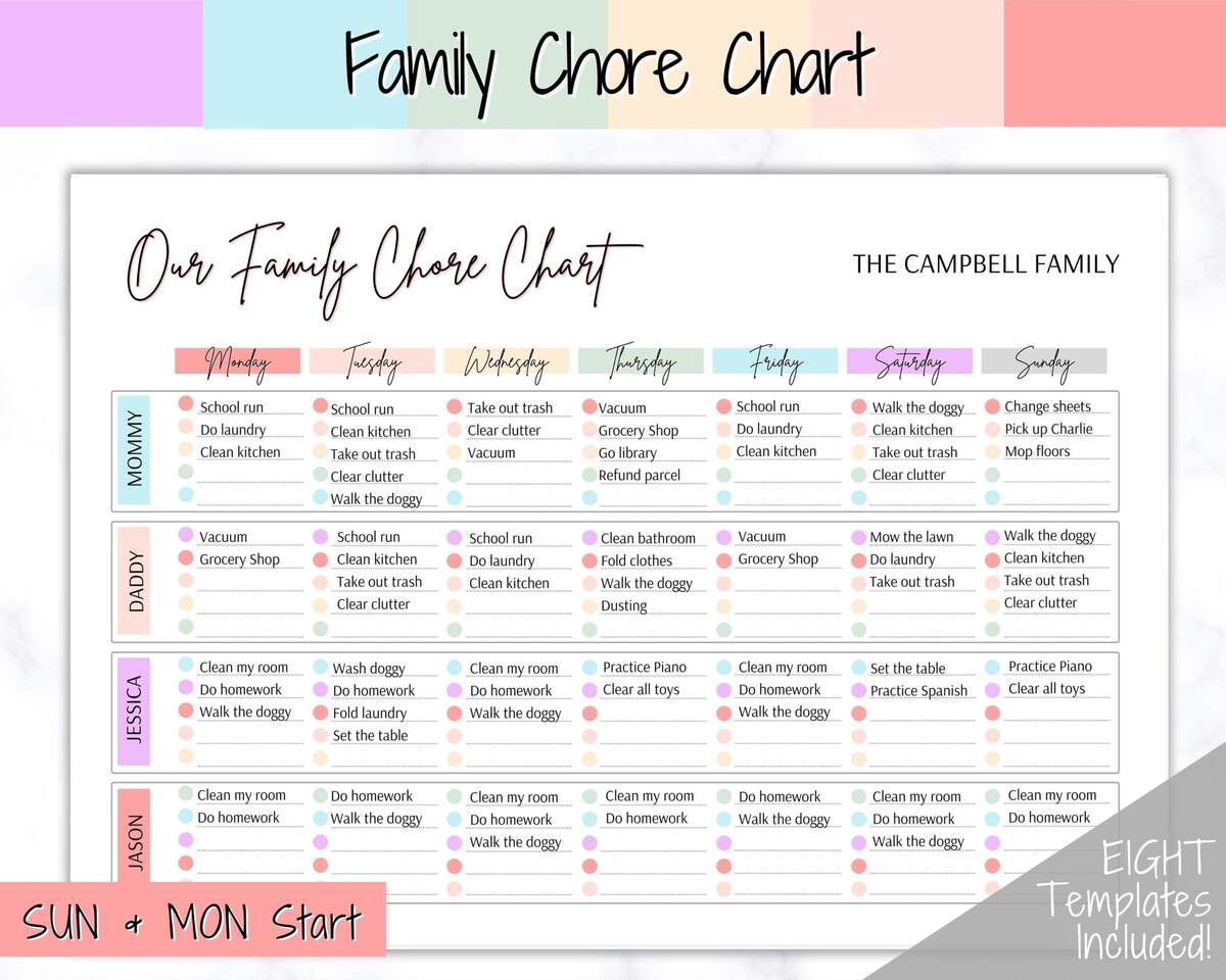Colorful Family Chore Chart Editable Family Planner Printable Weekly Family Schedule Family Calendar Command Center Household Kid Adult Etsy