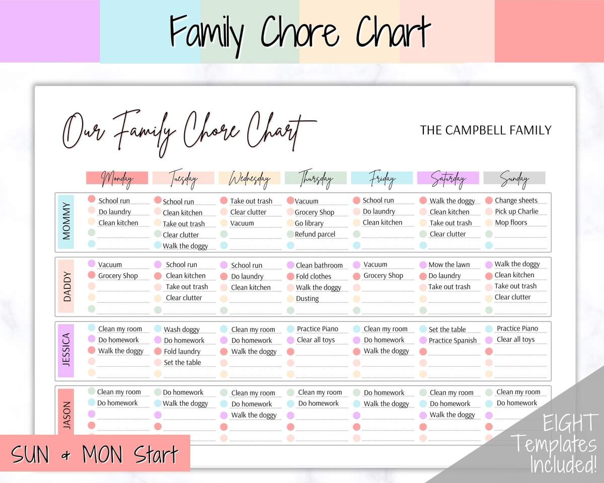 Colorful Family Chore Chart Editable Family Planner Printable Weekly Family Schedule Family Calendar Command Center Household Kid Adult Etsy