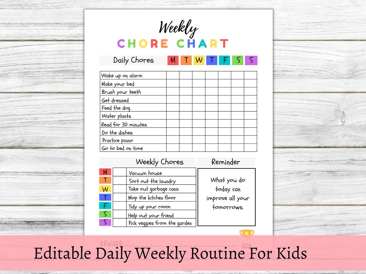 Daily Routine Chart Chore Chart For Kids Editable Daily Routine Routine Checklist Daily Weekly Routine Chart Kids Responsibility Chart Etsy