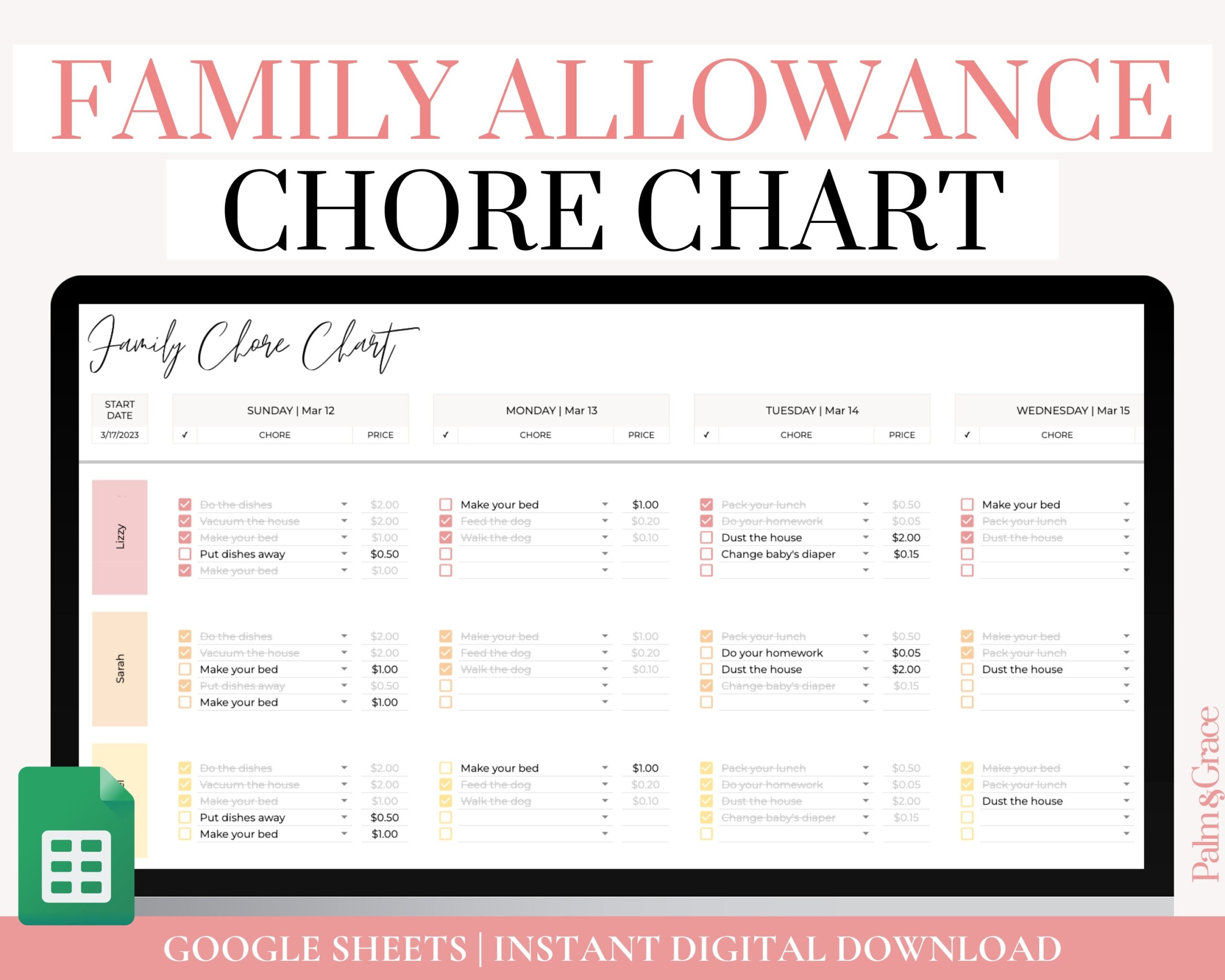 Digital Allowance Chart Chore Chart For Kids Family Allowance Tracker Editable Chore Chart For Teens And Family Chore Chart Template Etsy