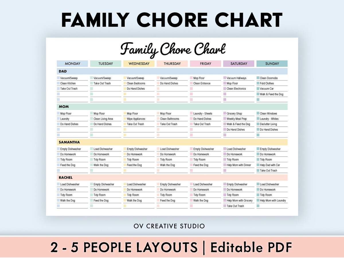 Printable Editable Weekly Family Chore Chart Family Planner Weekly Household Calendar Family Routine Chart Kids Chore 612MD Etsy