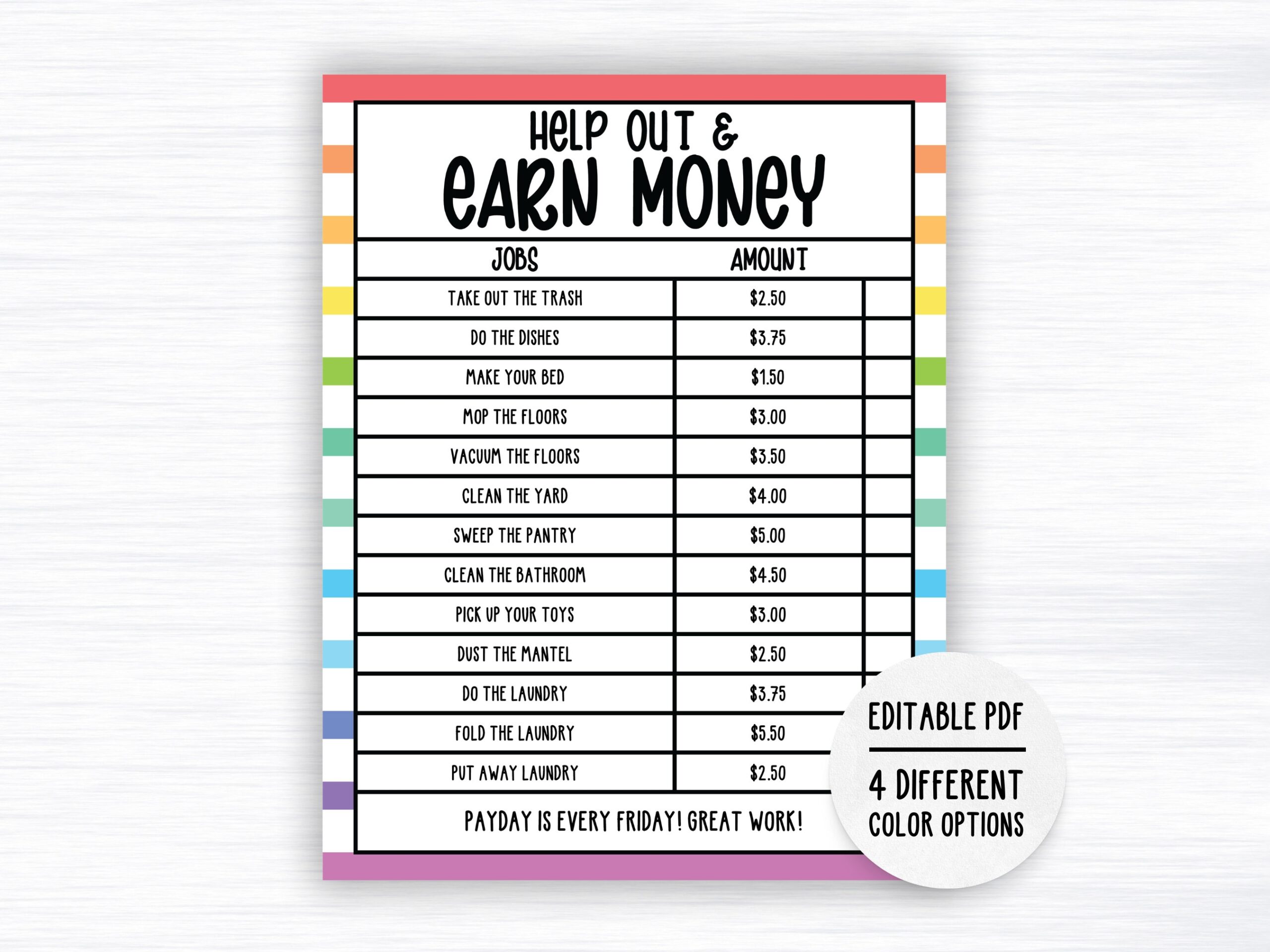 Allowance Chart Editable Pdf Chore Chart For Kids Family Chore Chart Teen Chore Chart Child Chore Chart Money Chore Chart Tracker Etsy
