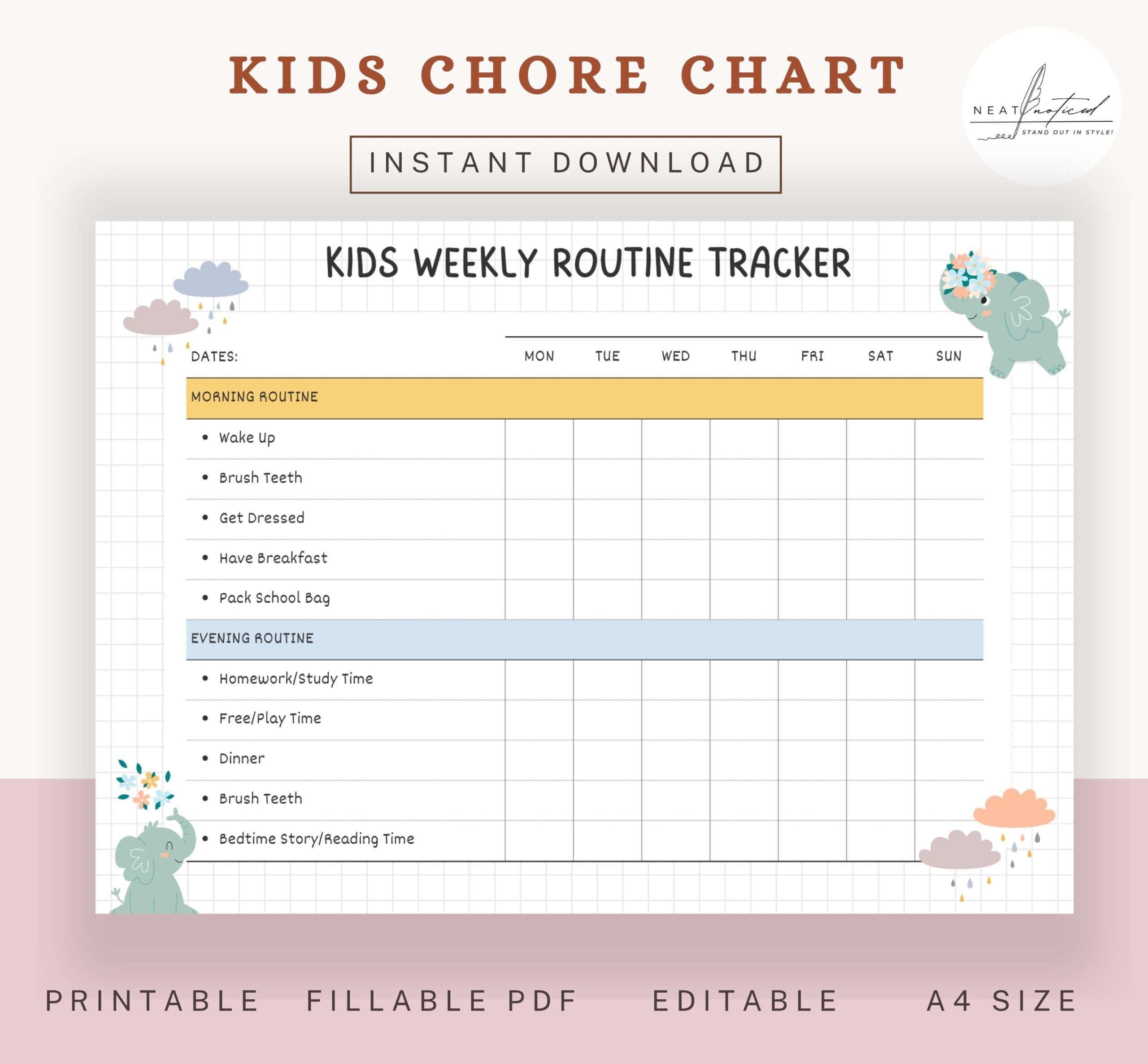 Editable Kids Chore Chart Daily Weekly Responsibility Tracker PDF Etsy