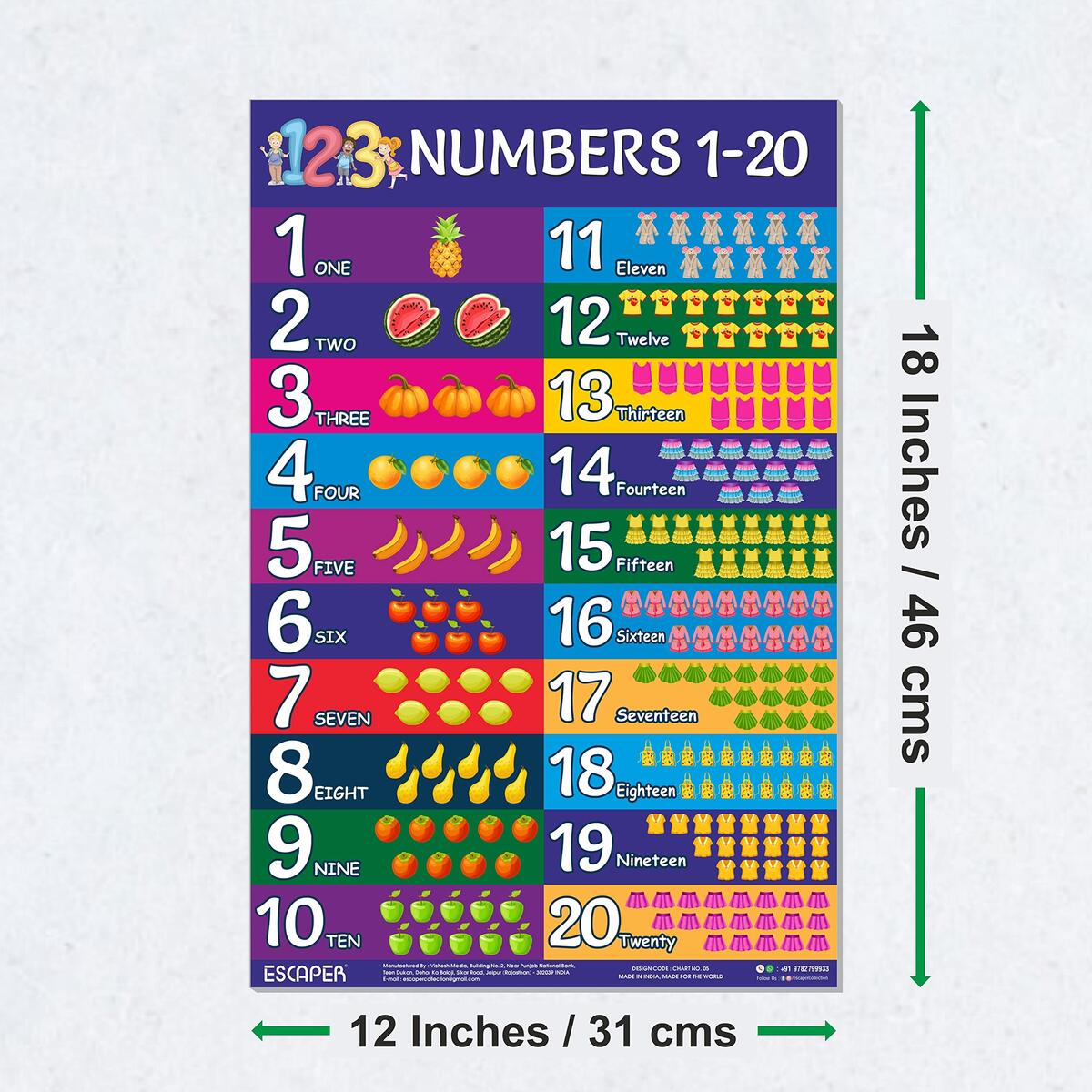 ESCAPER Number Chart 1 20 For Kids Wall 11 5 X 17 5 Inches Number Charts For Toddlers Number Names Charts For Kids Number Charts For Kids Learning Amazon In Office Products