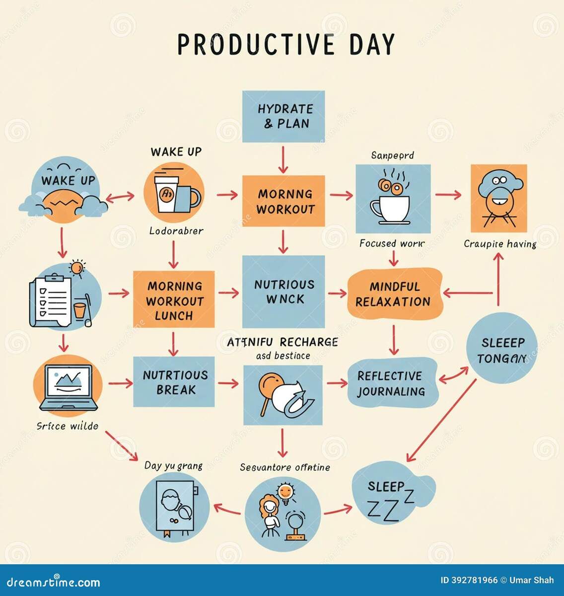 Flowchart Titled Productive Day Depicting A Daily Routine Includes Icons And Arrows Stock Illustration Illustration Of Morning Sleep 392781966