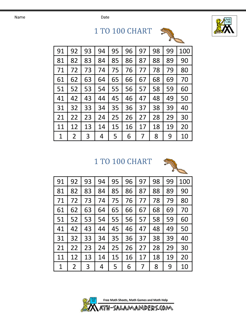 Free Printable Hundred Number Chart