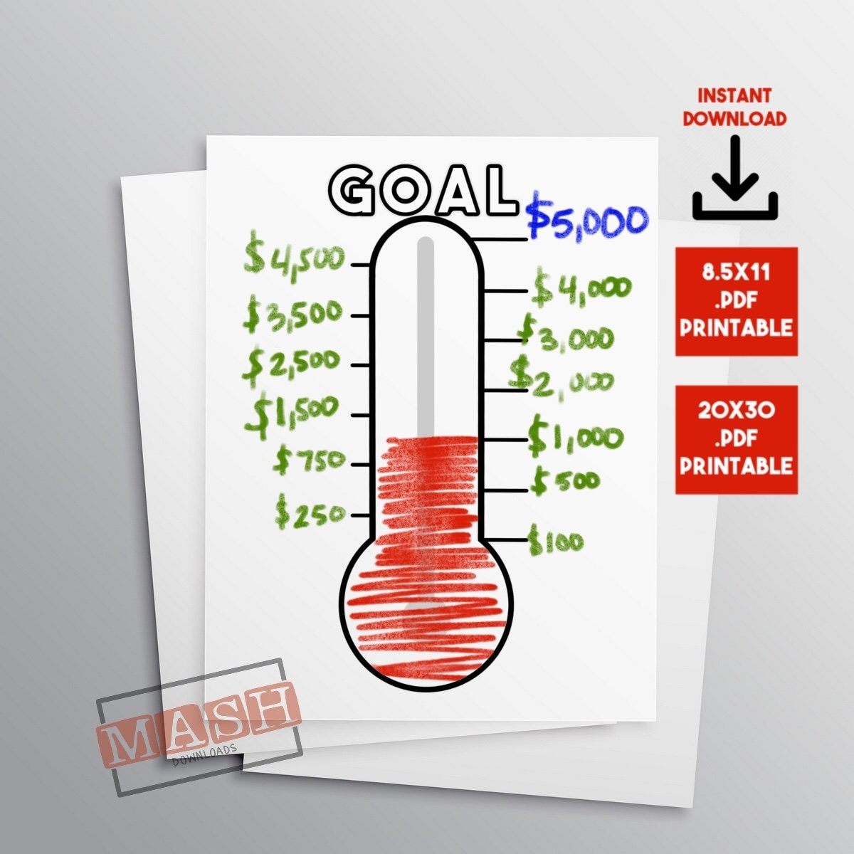 Goal Thermometer Download Blank Tracker Printout PDF Fundraising Chart Personal Goal Weight Loss Chart Debt Chart Digital Download Etsy