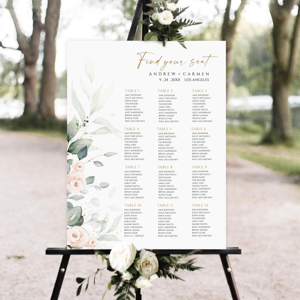 Greenery Wedding Seating Chart Template Editable Seating Chart Printable Seating Plan Floral Wedding Seating Chart Greenery Seating Plan Etsy