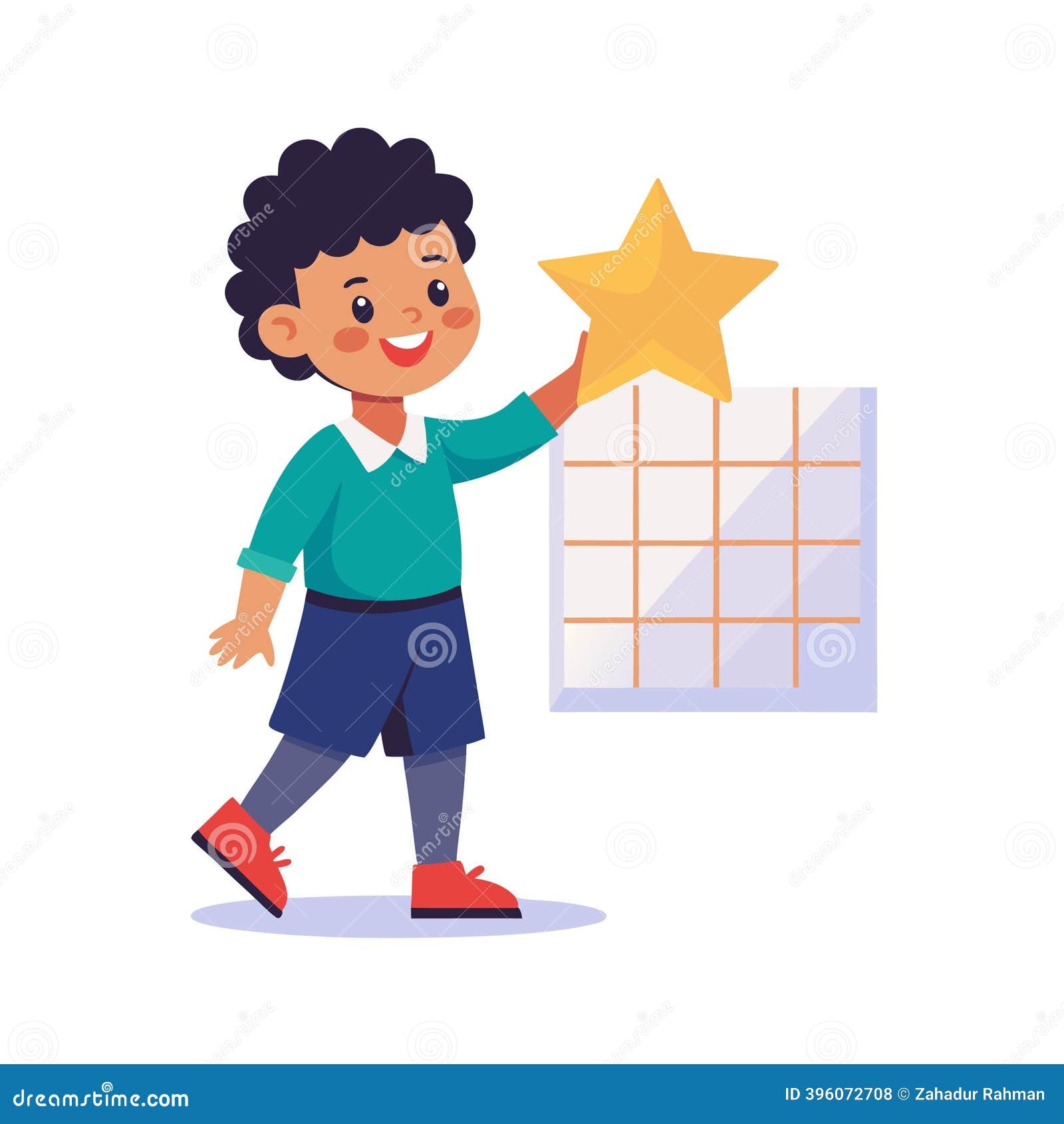 Happy Boy Adding Gold Star To Calendar Reward Chart Flat Illustration Design Stock Vector Illustration Of Positive Cute 396072708
