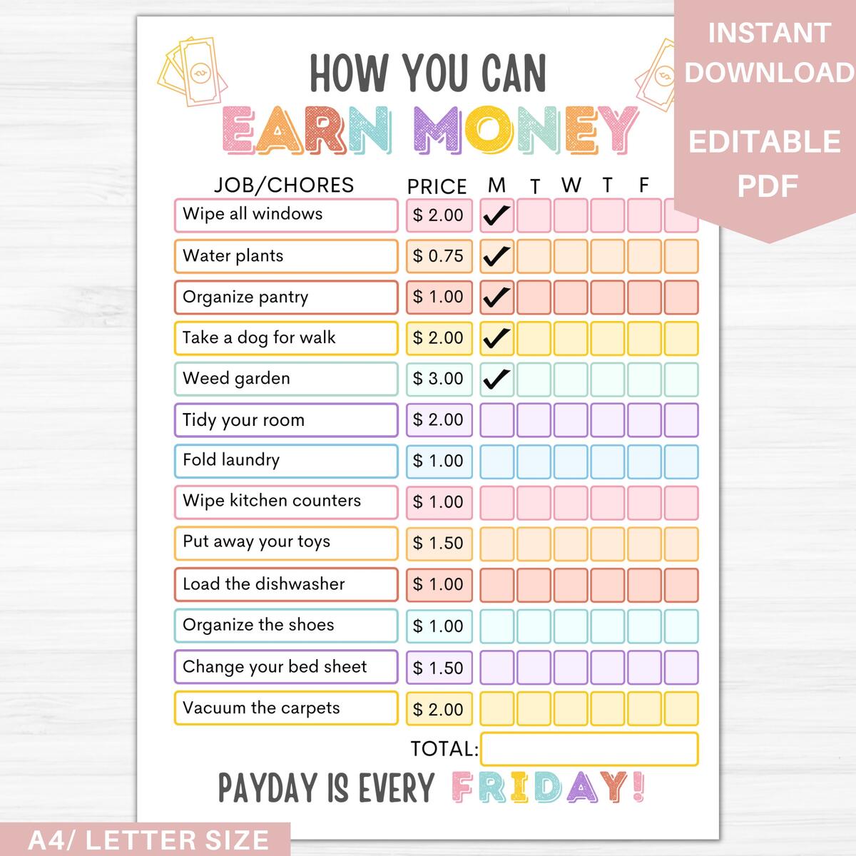 Editable Allowance Tracker Kids Earn Money Chart Daily Weekly Allowance Chore Chart Money Reward Chart Allowance Chart Pocket Money PDF Etsy