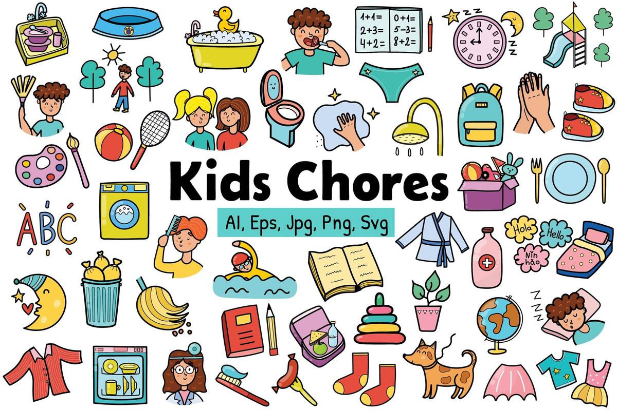 Kids Chores Clipart Daily Routine Icons In Color And In Outline Chore Chart Clip Art Png SVG Eps Reward Chart Tasks Stickers Etsy