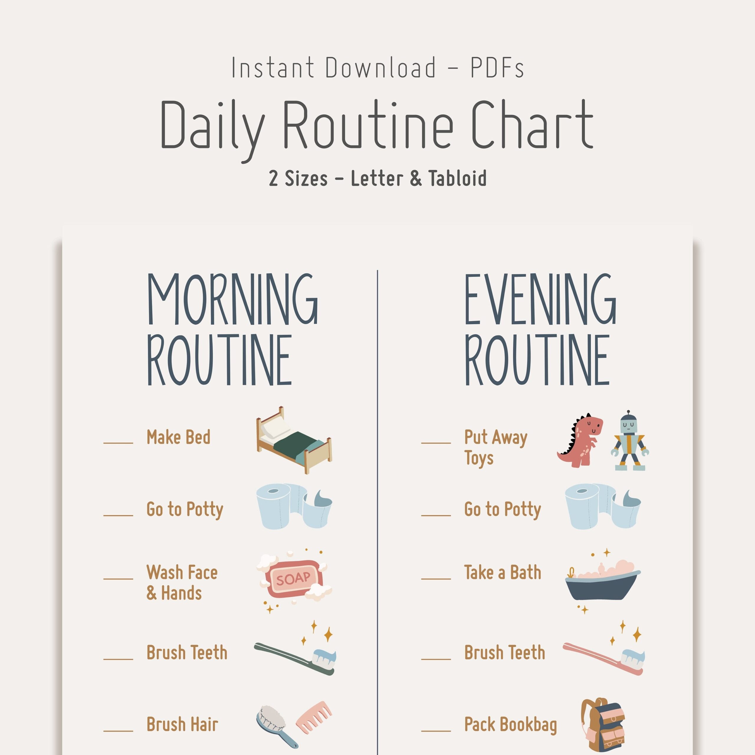 Kids Daily Routine Chart Morning Evening Visuals PDF Download Etsy