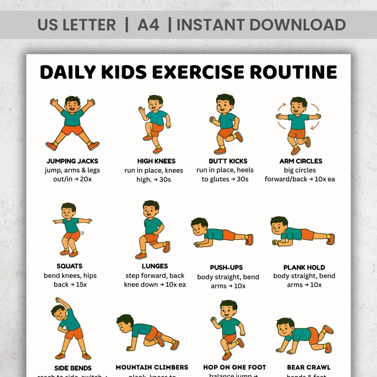 Kids Exercise Chart Printable 16 Daily Workout Moves Poster Kids Fitness Routine PDF A4 US Letter Classroom PE Homeschool Decor Etsy New Zealand