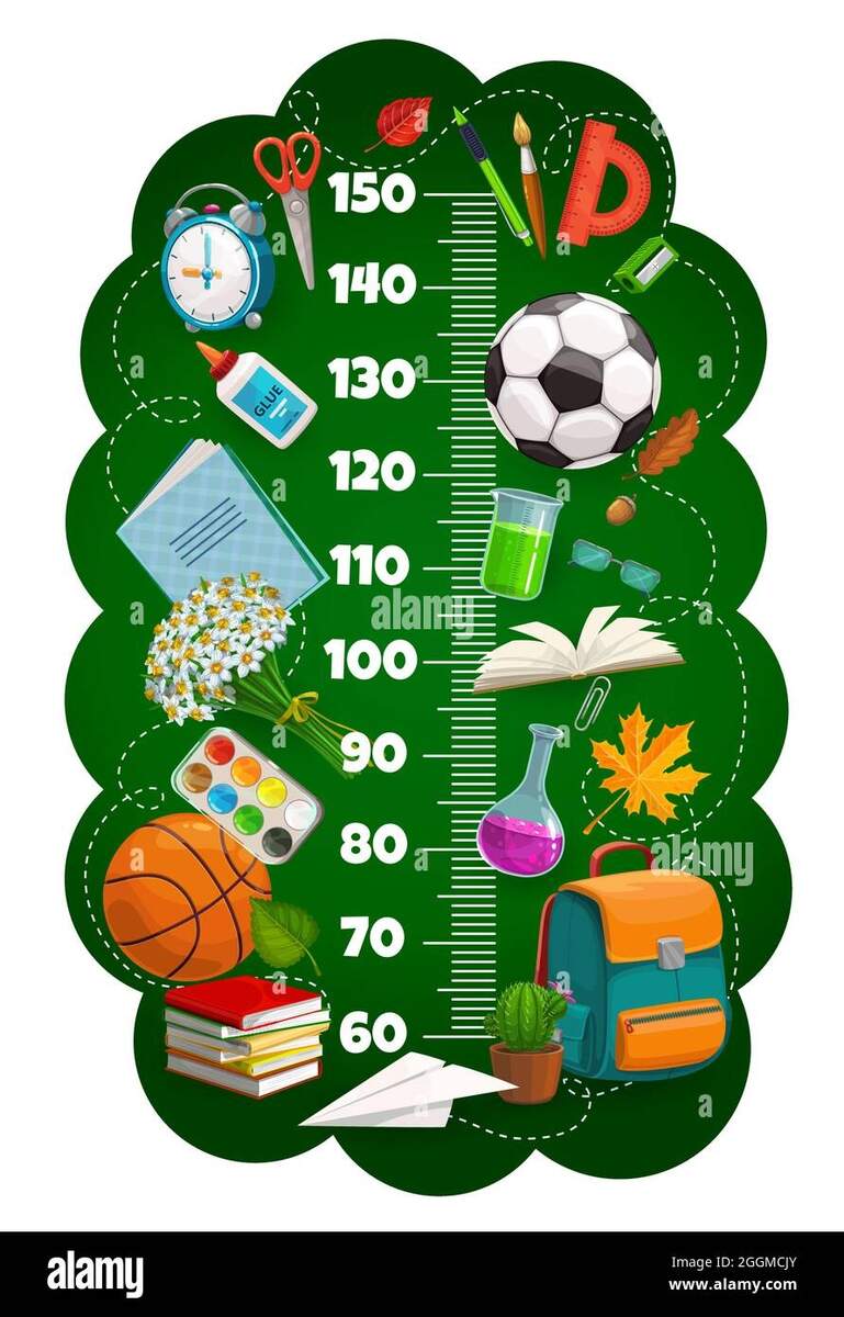 Kids Height Chart Ruler Growth Meter With Schoolbag Book Sport Balls And Education Stationery Isolated Vector Wall Sticker For Children Height Mea Stock Vector Image Art Alamy