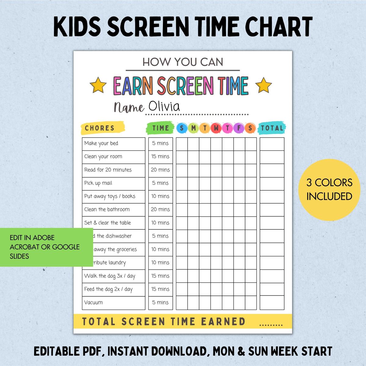 Kids Screen Time Checklist Editable Chore Chart PDF PPTX Etsy Israel