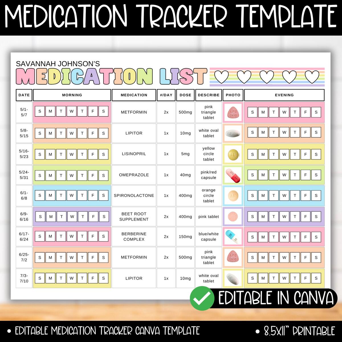 Medication Supplement List Color Code Tracker Log Chart Template With Photos Monthly Medicine Schedule Calendar Prescription Health Log Etsy