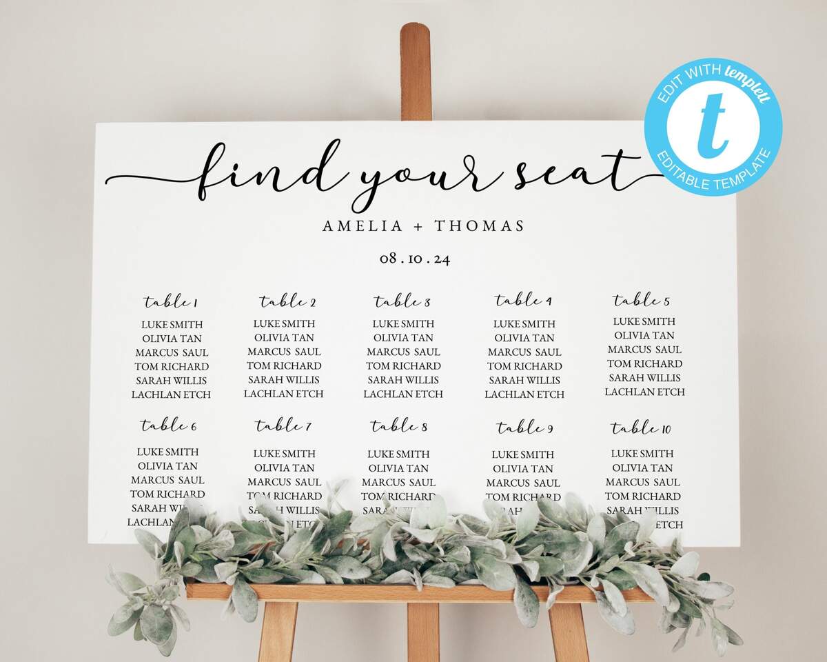 Personalized Wedding Seating Chart Sign Editable Landscape Template Digital Download Etsy