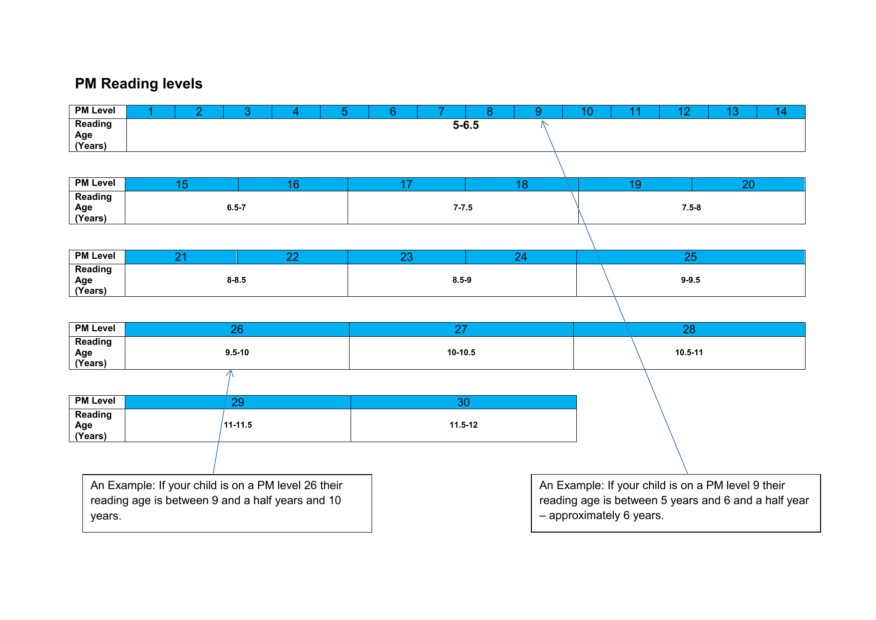 PM PROBE Reading Level Chart