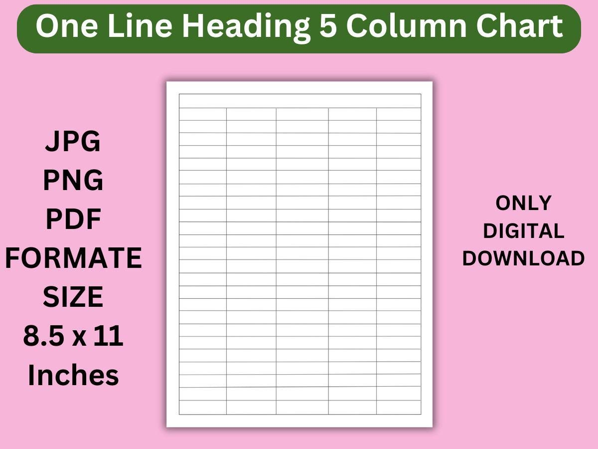 Printable 5 Column Chart Template Blank Table Grid PDF JPG PNG Etsy