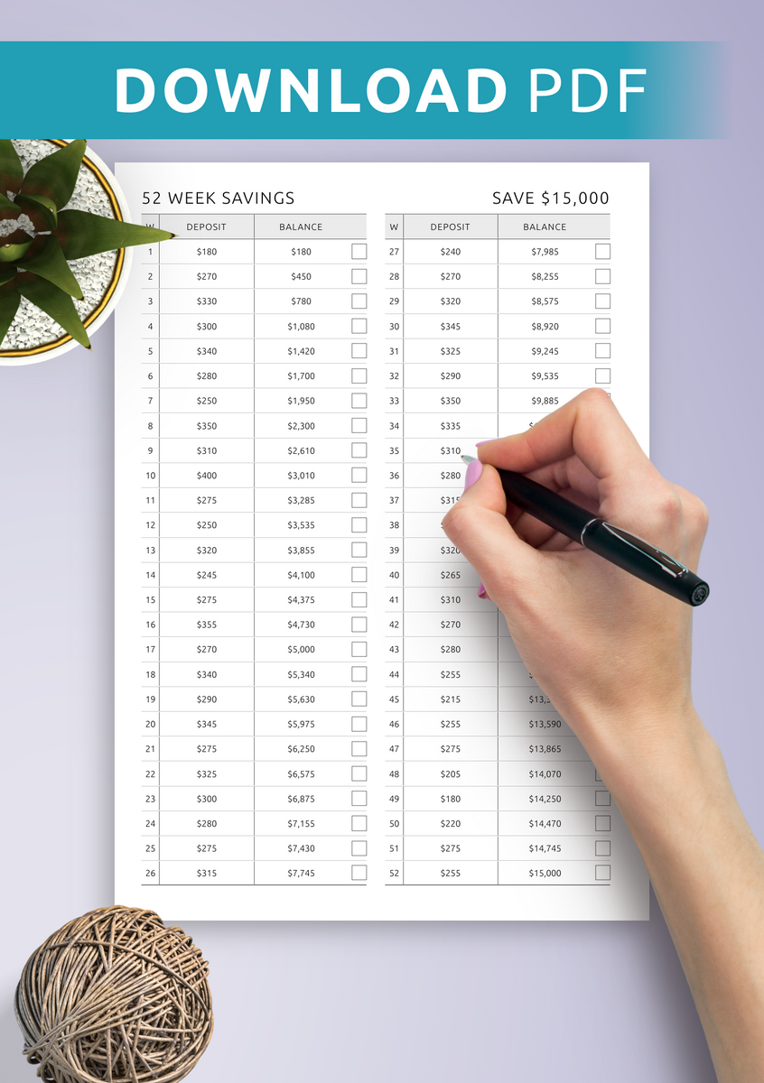 Printable And Digital 52 Week Savings Get PDF For ReMarkable Kindle Supernote Boox