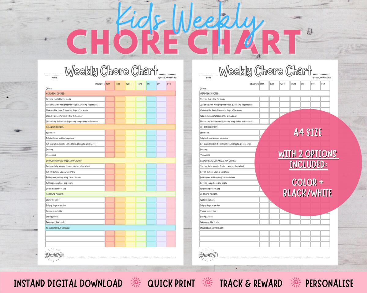 Printable Chore Chart For Kids Weekly Routine And Reward Elementary Age A4 Laminate Friendly Size 2 Pack Color And Black White Etsy