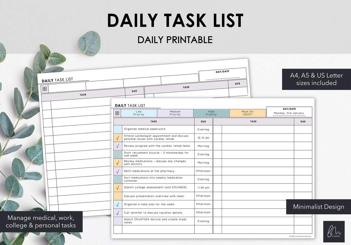 Printable Daily Task List Manage Medical Personal College Work Tasks Productivity Tracker Instant Download Etsy