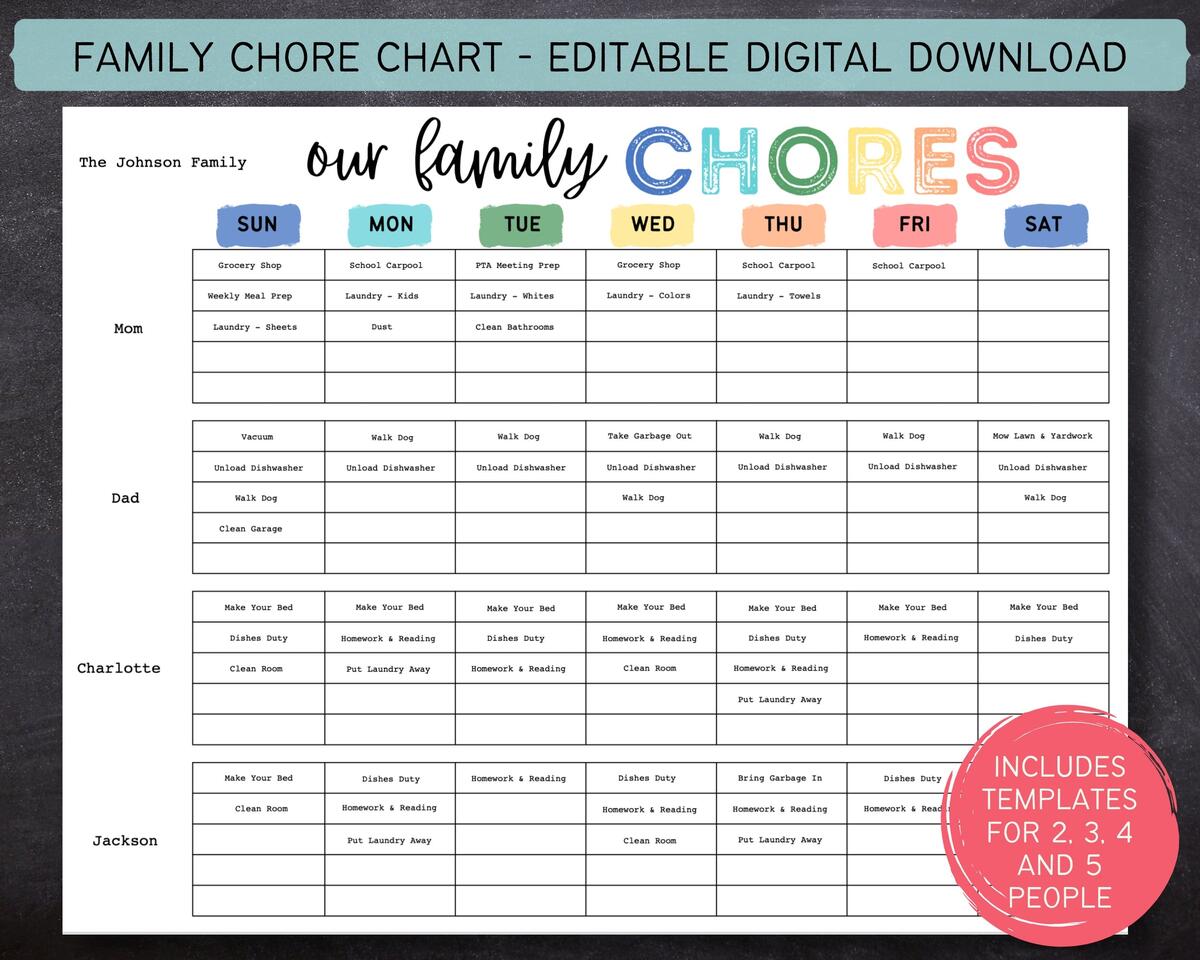 Printable Editable Weekly Family Chore Chart Family Planner Weekly Household Calendar Family Routine Chart Kids Chore 612MD Etsy Free And Customizable Chore Templates