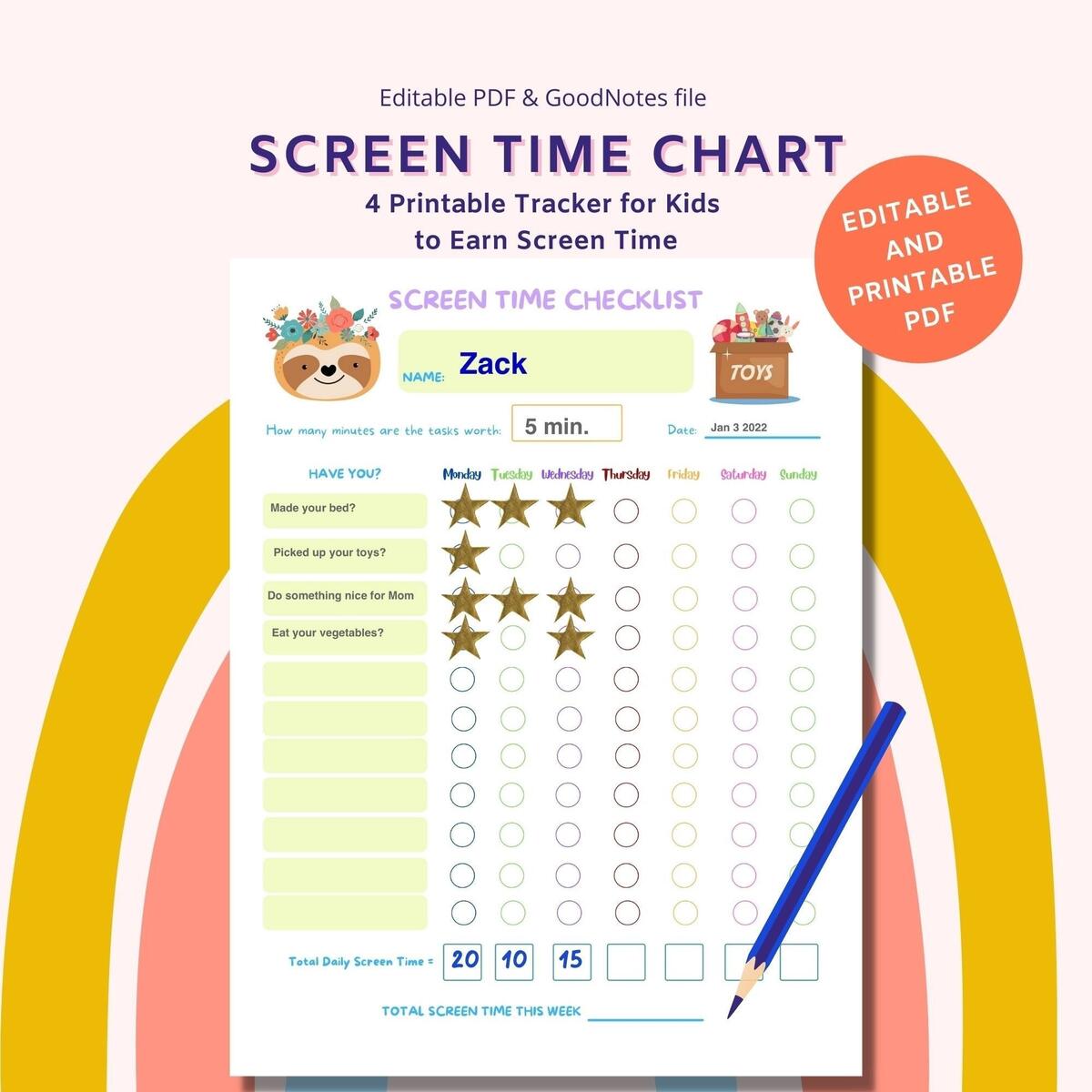 Printable Screen Time Chart Earn Screen Time Goodnotes Etsy