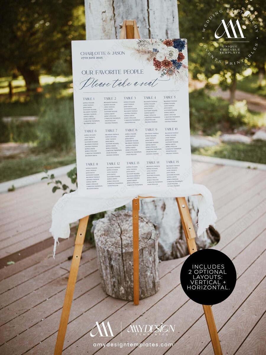 Terracotta Navy Seating Chart Template Wedding Boho Seating Signage Template