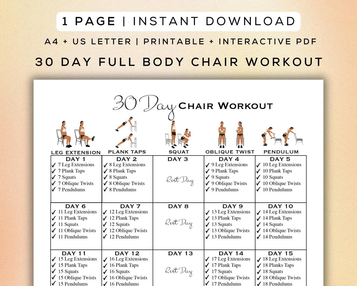 30 Day Chair Workout Printable Interactive PDF Easy To Follow Program Beginner Friendly Workout Digital Gym Guide A4 US Letter Etsy