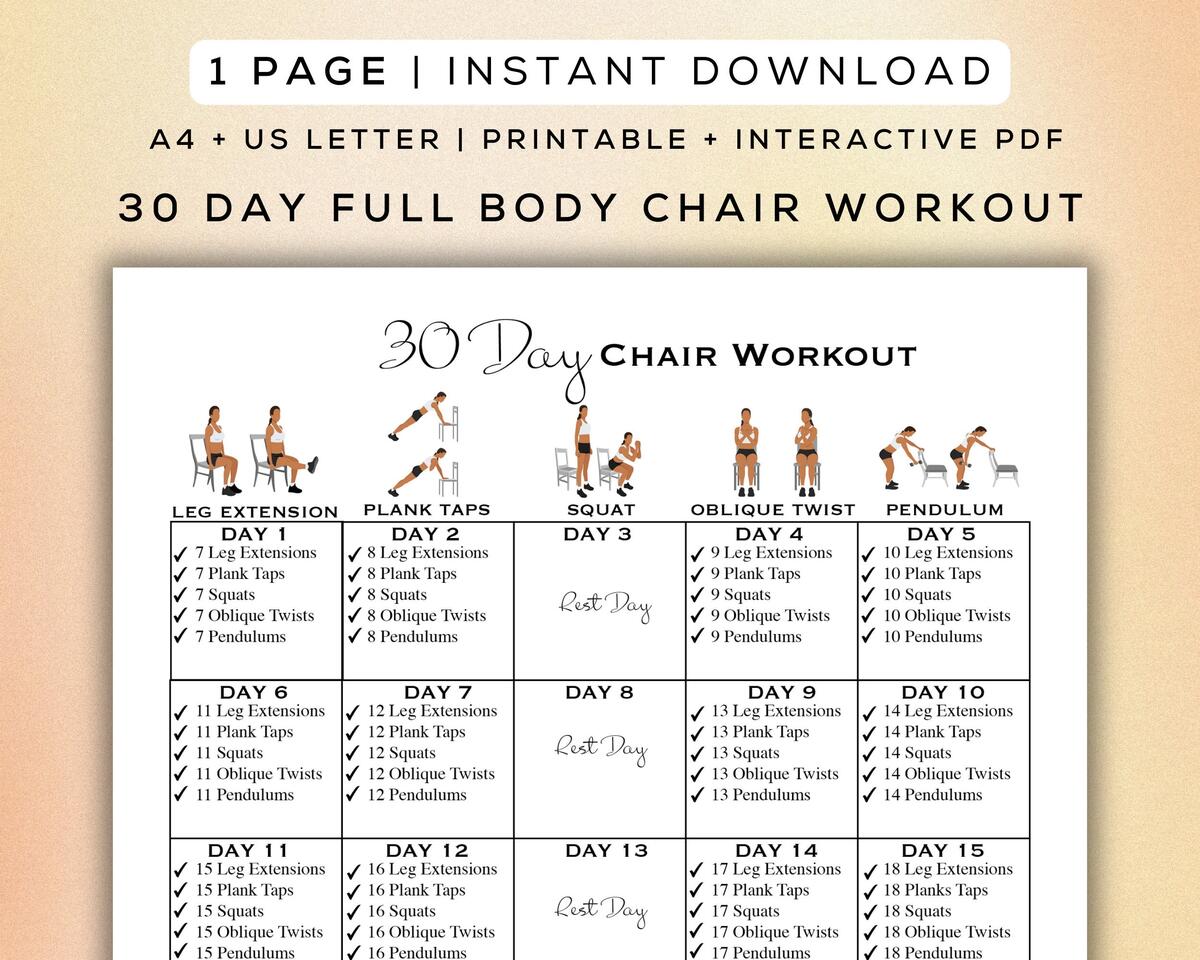 30 Day Chair Workout Printable Interactive PDF Easy To Follow Program Beginner Friendly Workout Digital Gym Guide A4 US Letter Etsy