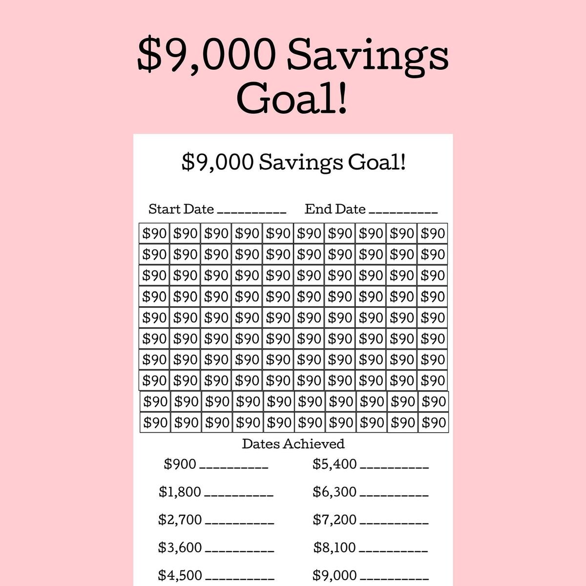 9 000 Savings Goal 9 000 Savings Challenge Savings Tracker Saving Printable Planner Goal Tracker Digital Printable Etsy