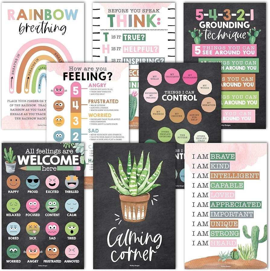 Amazon Hadley Designs 8 Calming Corner Posters For Classroom Must Haves For Teachers 11x17 Calm Down Corner Supplies Feelings Chart For Kids Ages 4 8 Toddler Emotions Chart Cactus Classroom Decor