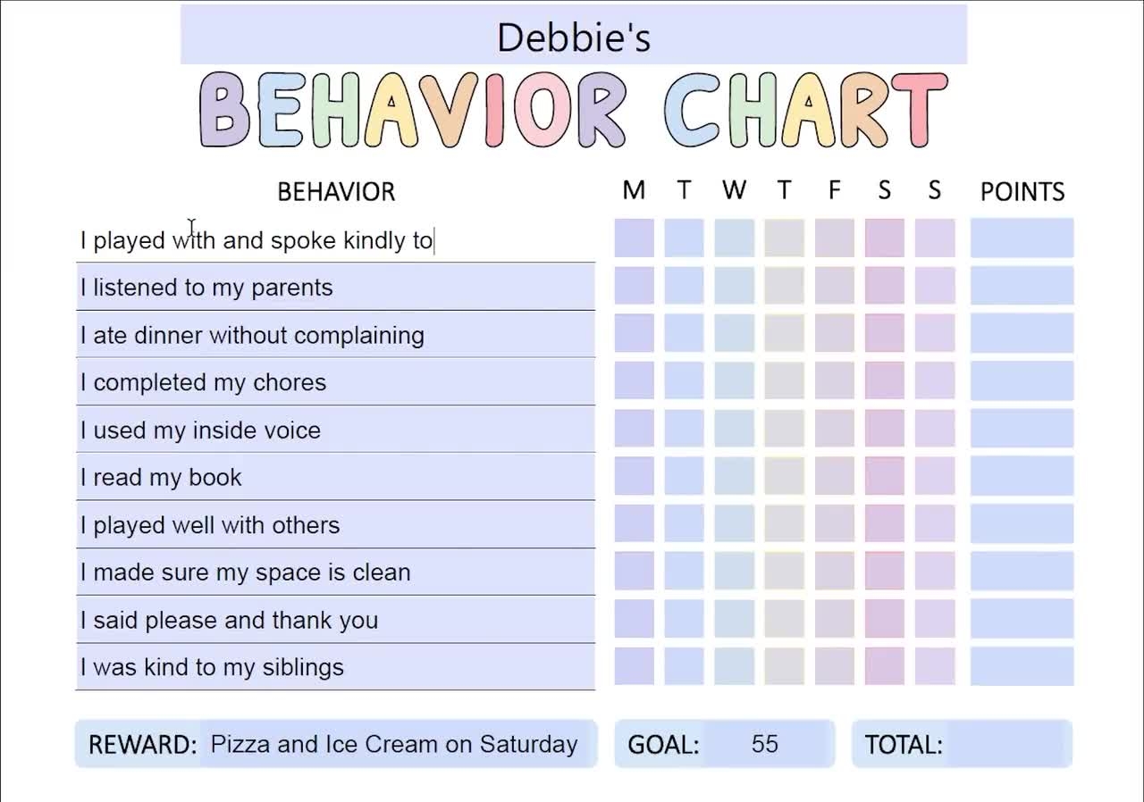 Behavior Chart Children Behavior Tracker Children Behavior Points Chart Editable Behavior Tracker Points Chart Etsy
