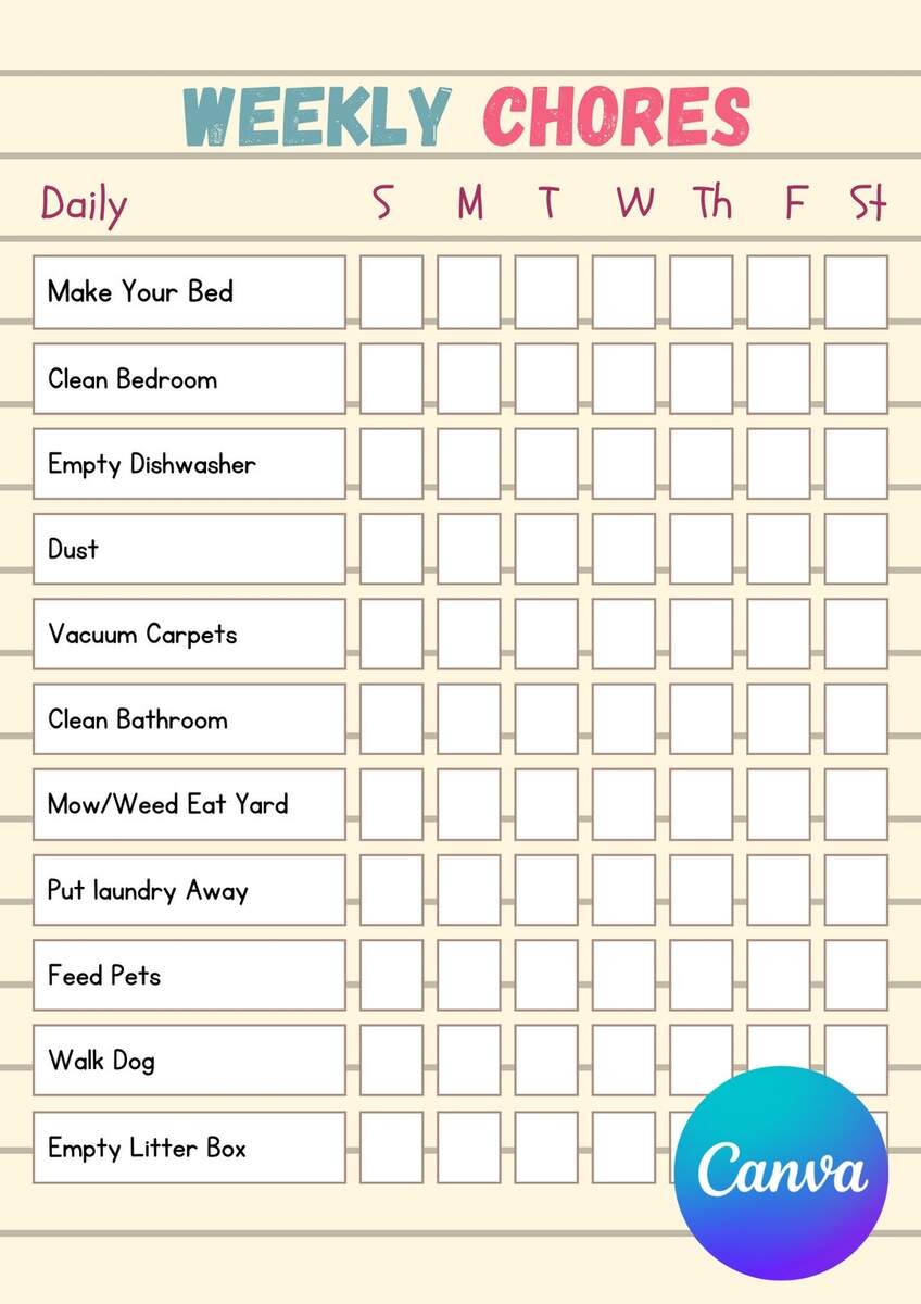 Chore Chart For Kids pre teens teens With Fillable Lines Etsy