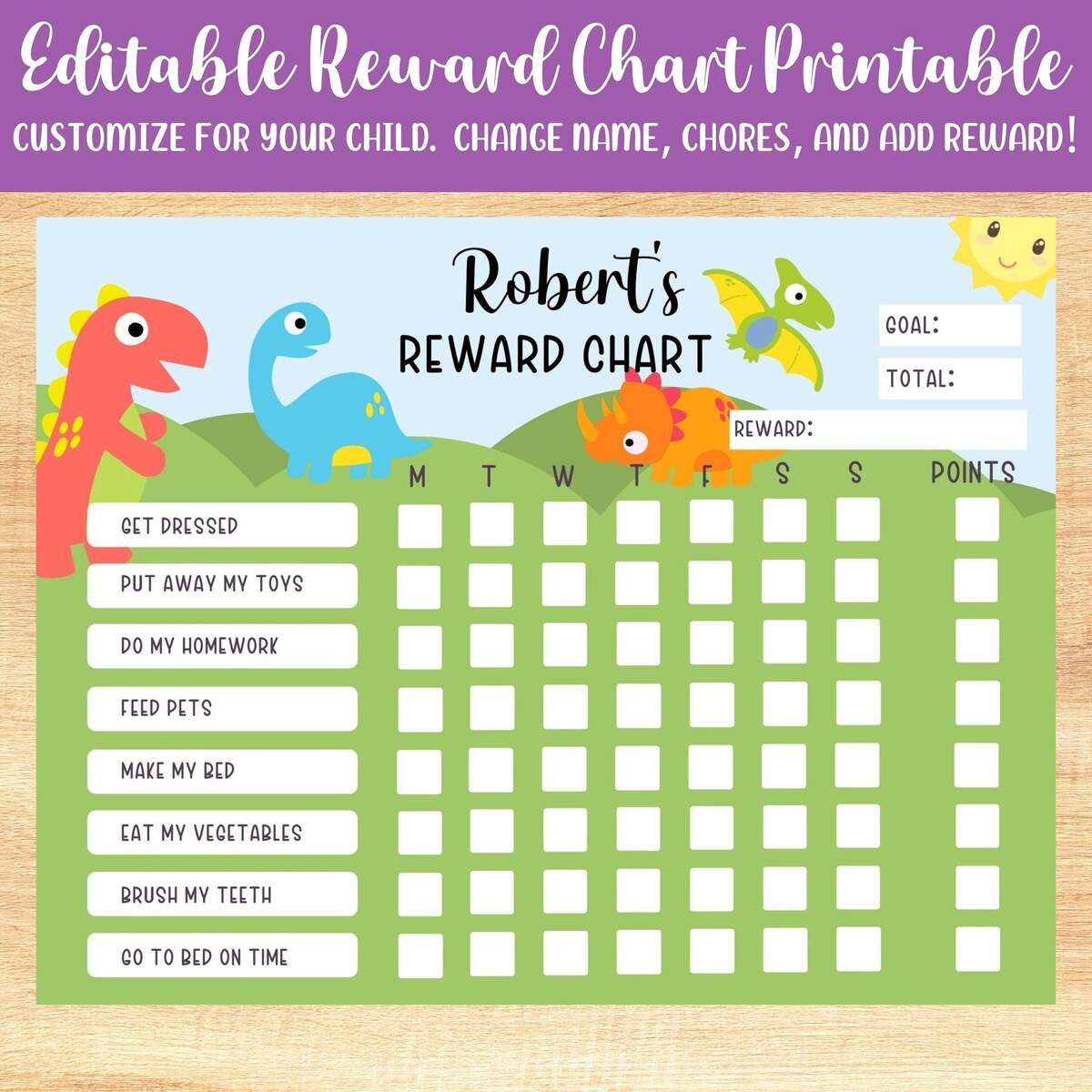 Chore Chart For Kids Printable Dinosaur Reward Behavior Responsibility Chart Editable Template Etsy