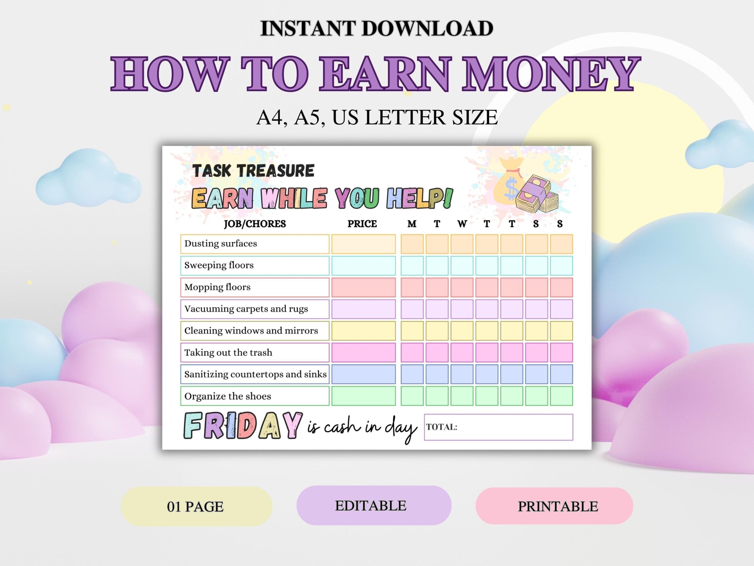 Chore Chart For Money Etsy